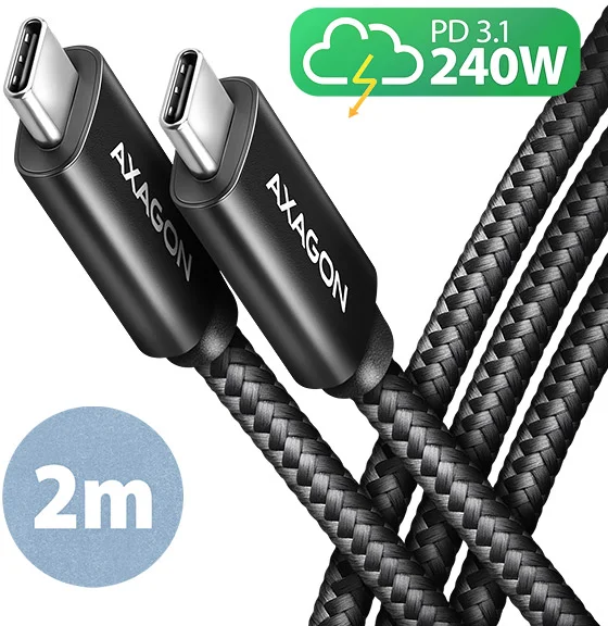 AXAGON BUCM2-CM20AB, CHARGE kabel USB-C <-> USB-C, 2m, Hi-Speed USB, PD 240W 5A, ALU, oplet, černý