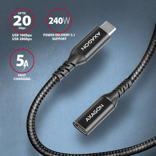 AXAGON BUCM32-CF10AB predlžovací kábel USB-C (M) <-> USB-C (F), 1m, USB 20Gbps, PD 240W, ALU, opletenie