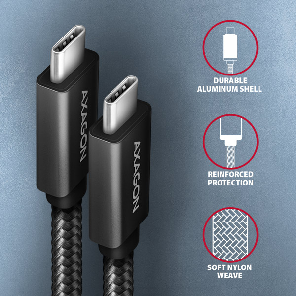 AXAGON BUCM32-CM05AB, SPEED+ kábel USB-C <-> USB-C, 0,5 m, USB 20Gbps, PD 100W 5A, 4K HD, ALU, opletenie