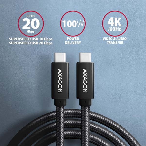 AXAGON BUCM32-CM10AB, SPEED+ kabel USB-C <-> USB-C, 1m, USB 20Gbps, PD 100W 5A, 4k HD, ALU, oplet, černý