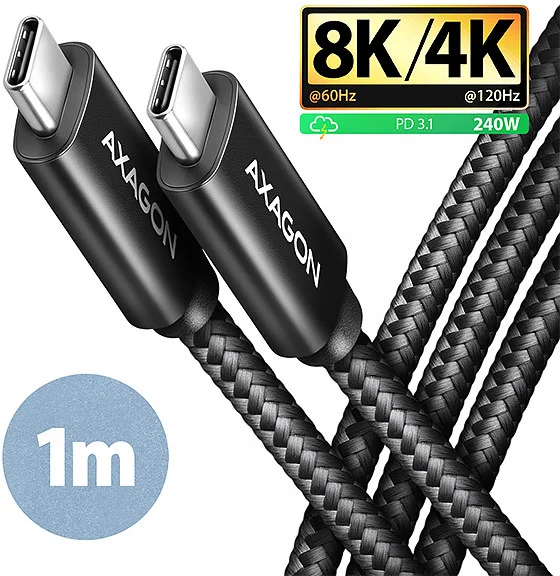 AXAGON BUCM4X-CM10AB NewGEN+ kabel USB-C <-> USB-C, 1m, USB4 Gen 3×2, PD 240W 5A, 8K HD, ALU, oplet
