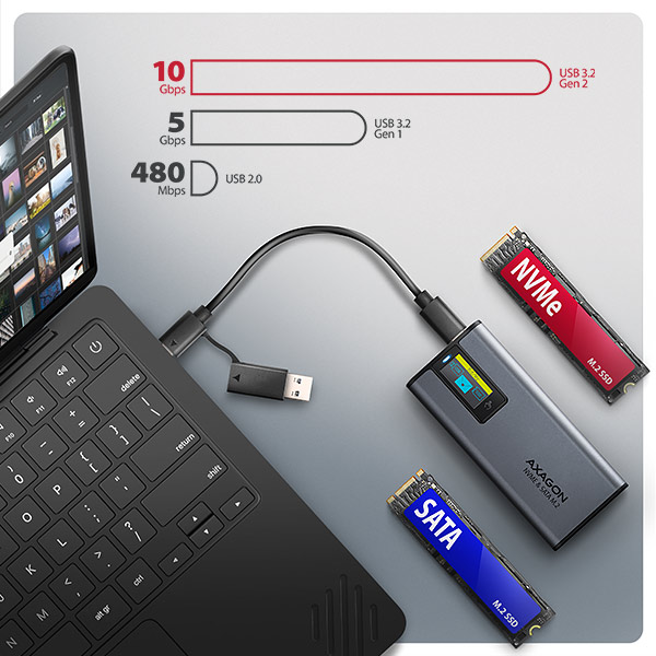 AXAGON EEM2-SD2 USB-C 10Gb/s - M.2 NVMe a SATA SSD kovový box DISPLAY, bez skrutiek