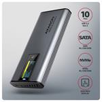 AXAGON EEM2-SD2 USB-C 10Gb/s - M.2 NVMe a SATA SSD kovový box DISPLAY, bez skrutiek