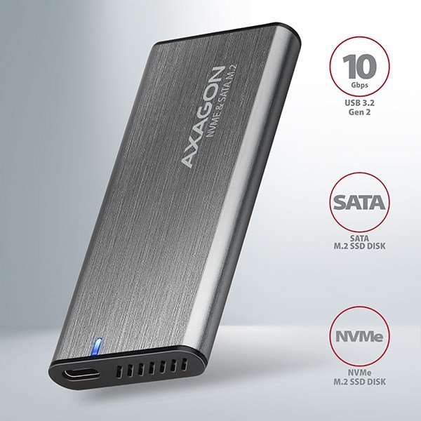 AXAGON EEM2-SG2, USB-C 3.2 Gen 2 - M.2 NVMe & SATA SSD RAW box
