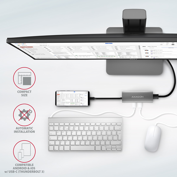 AXAGON HMC-5G21, rozbočovač USB 10 Gb/s, 2x USB-A, 2x USB-C, HDMI 4k/30, PD 60W, kábel USB-C 13 cm
