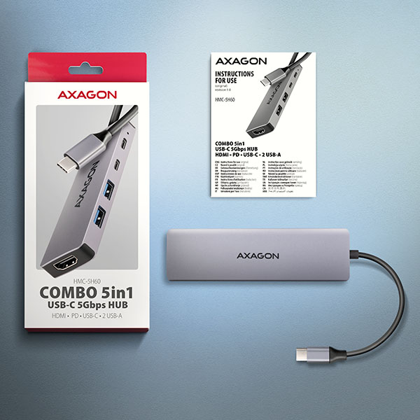 AXAGON HMC-5H60, rozbočovač USB 5Gb/s, porty 2x USB-A, 1x USB-C, HDMI 4k/60, PD 100W, kábel USB-C 15cm