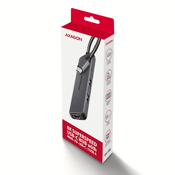 AXAGON HMC-5H8K, rozbočovač USB 5Gb/s, 2x USB-A, USB-C, HDMI 8k/30Hz, PD 100W, kábel USB-C 15cm