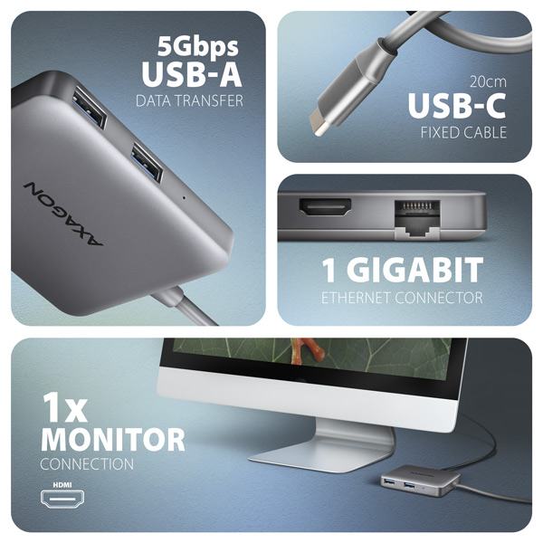 AXAGON HMC-5HL USB 5Gbps hub, 2x USB-A, HDMI 4k/60Hz, RJ-45 GLAN, PD 100W, USB-C kábel 20cm