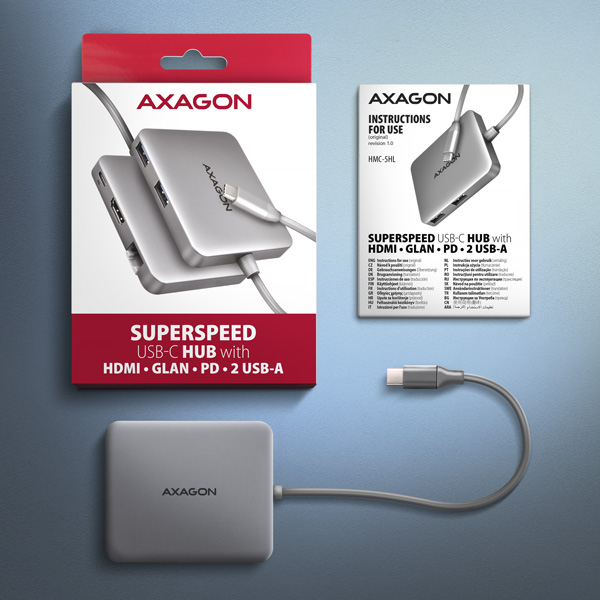 AXAGON HMC-5HL USB 5Gbps hub, 2x USB-A, HDMI 4k/60Hz, RJ-45 GLAN, PD 100W, USB-C kábel 20cm