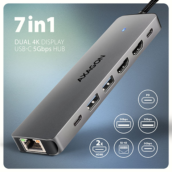 AXAGON HMC-7HX2, rozbočovač USB 5Gbps, 2x USB-A, USB-C, 2x HDMI 4k/60Hz, RJ-45 GLAN, PD 100W, 15cm kábel