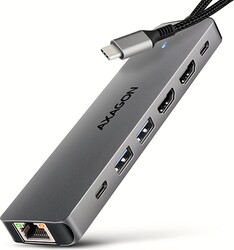 AXAGON HMC-7HX2, USB 5Gbps hub, 2x USB-A, USB-C, 2x HDMI 4k/60Hz, RJ-45 GLAN, PD 100W, kabel 15cm