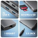 AXAGON HMC-8HLSA, rozbočovač USB 5Gb/s, 3x USB-A, HDMI 4k/60Hz, RJ-45 GLAN, SD/microSD, audio, PD 100W