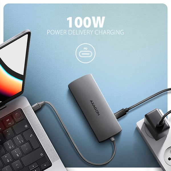 AXAGON HMC-8HLSA, USB 5Gbps hub, 3x USB-A, HDMI 4k/60Hz, RJ-45 GLAN, SD/microSD, audio, PD 100W
