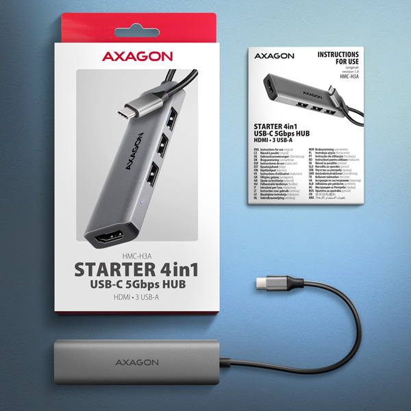 AXAGON HMC-H3A, rozbočovač USB 5 Gb/s, 3x USB-A, HDMI 4k/30Hz, kábel USB-C 15 cm