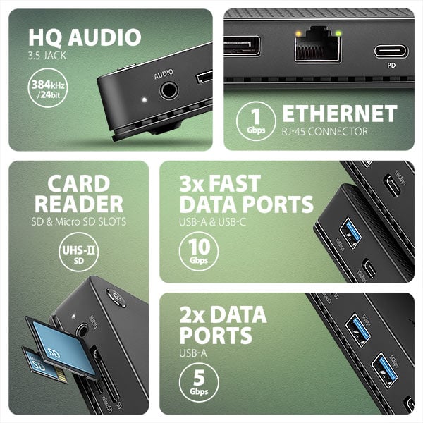 AXAGON HMC-U4, dokovacia stanica USB4 40Gb/s, 3x USB-A, 2x USB-C, HDMI a DP 8K/30Hz, RJ-45, SD/mSD, audio, PD100W