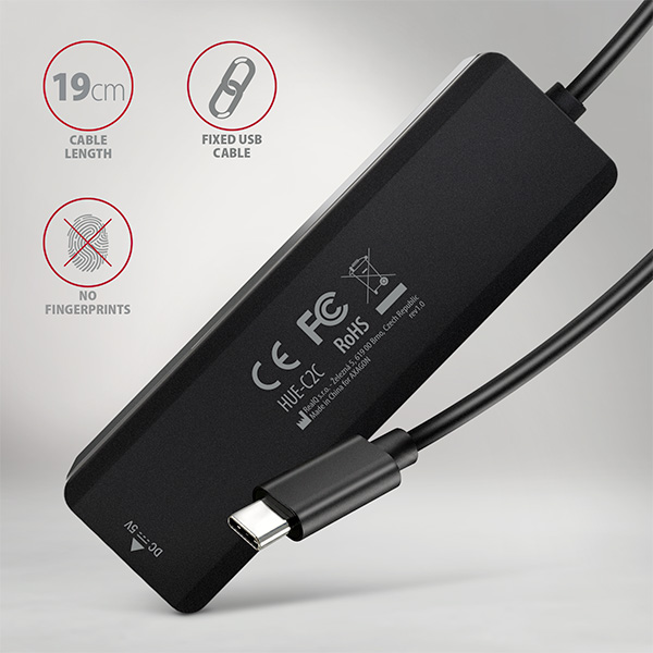 AXAGON HUE-C2C, cestovný rozbočovač s 4× USB 5 Gbps, 2× USB-A + 2× USB-C, napájanie cez USB-C, kábel USB-C 19 cm
