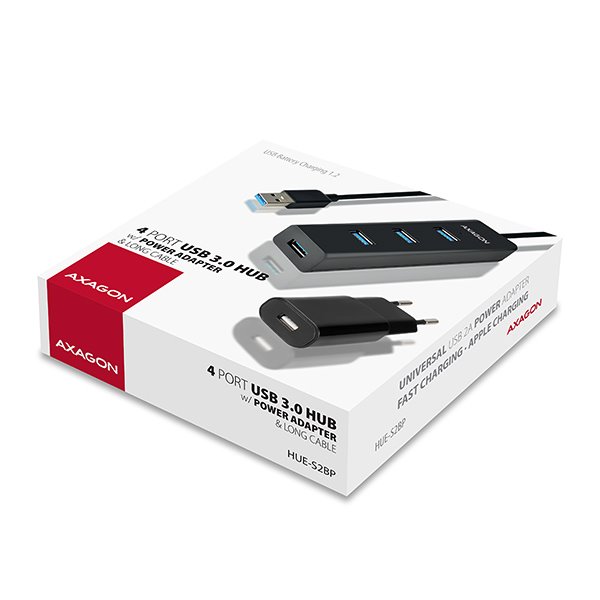 AXAGON HUE-S2BP 4x USB3.0 Charging húb 1.2m kábel vrátane. AC adaptéru