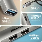 AXAGON HUE-STA, 4x USB ALU STRIP hub, 1x USB-A 5Gbps, 2x USB-A a 1x USB-C 480Mbps, kábel USB-A 12cm