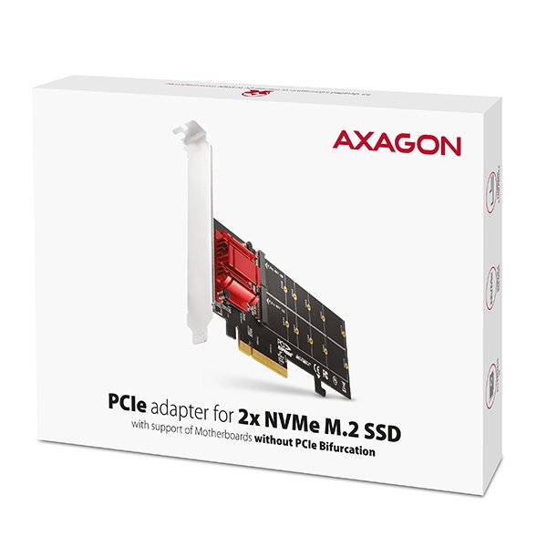 AXAGON PCEM2-ND, PCIe x8 řadič - 2x M.2 NVMe M-key slot, RAID, podpora desek bez bifurkace, vč. LP