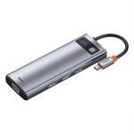 Baseus Metal Gleam Series 9v1 USB-C HUB (USB-C PD 100W, 3* USB 3.0, HDMI, VGA, RJ45, SD/TF port), sivá