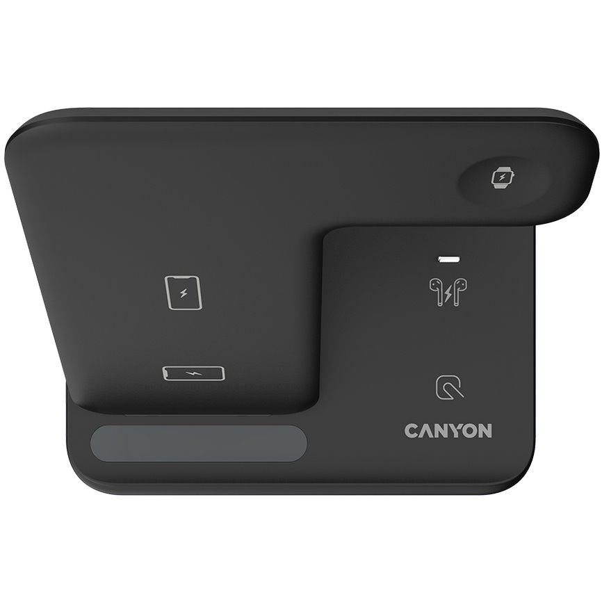 Bezdrôtová nabíjačka CANYON WS-302B, 3v1, vstup 9V/2A, 12V/2A, výstup 15W/10W/7,5W/5W, typ C na USB-A, čierna