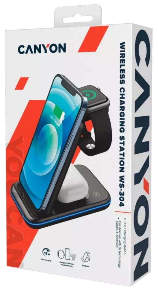 Bezdrôtová nabíjačka CANYON WS-304 CL, QC18W, 3v1, vstup 9V/2A, 12V/1,5A, výstup 15W/10W/7,5W/5W, typ C na USB-A, latte