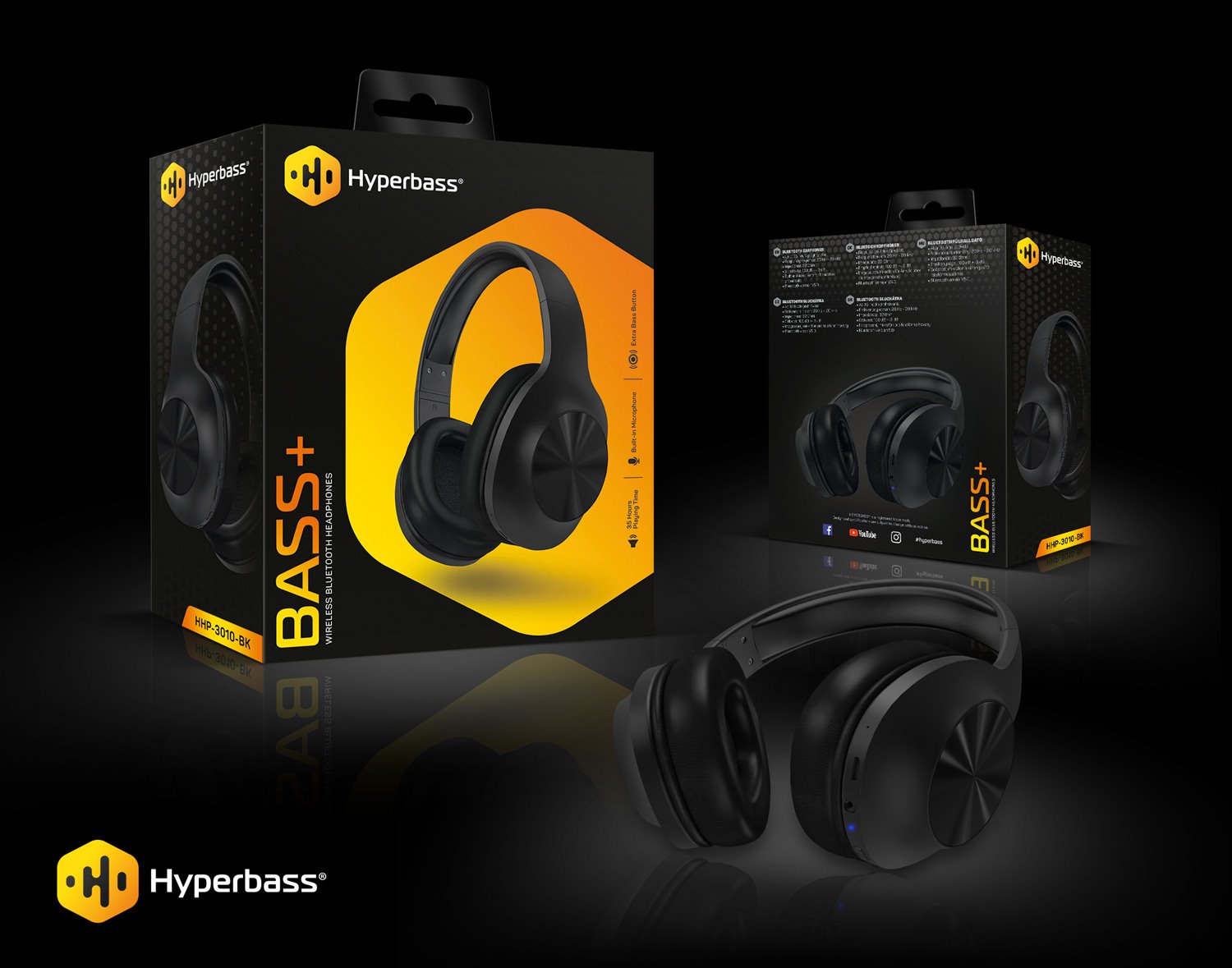 Bezdrôtové slúchadlá HYPERBASS BASS+ s mikrofónom, ČIERNE