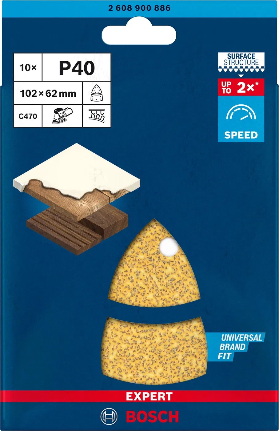 BOSCH brúsny papier EXPERT C470 s 11 otvormi pre multifunkčné píly 102 × 62 mm, 93 mm, G 40, 10 ks (2.608.900.886)