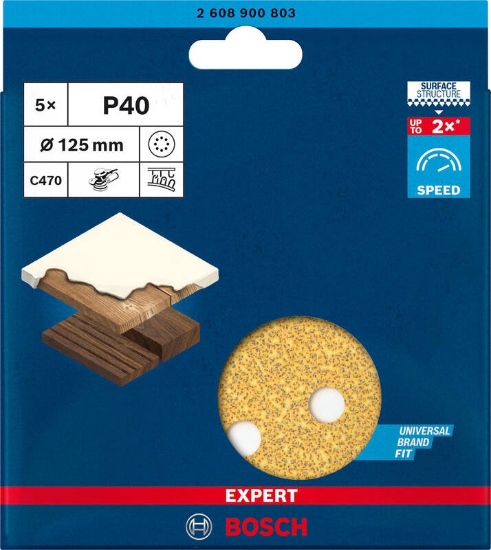 BOSCH Brusný papír EXPERT C470 s 8 otvory pro vibrační brusky 125 mm, G 40, 5 ks (2.608.900.803)