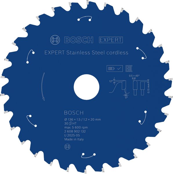 BOSCH Pilový kotouč EXPERT Stainless Steel cordless, 136 × 1,5/1,2 × 20 mm, T30 (2.608.902.132)