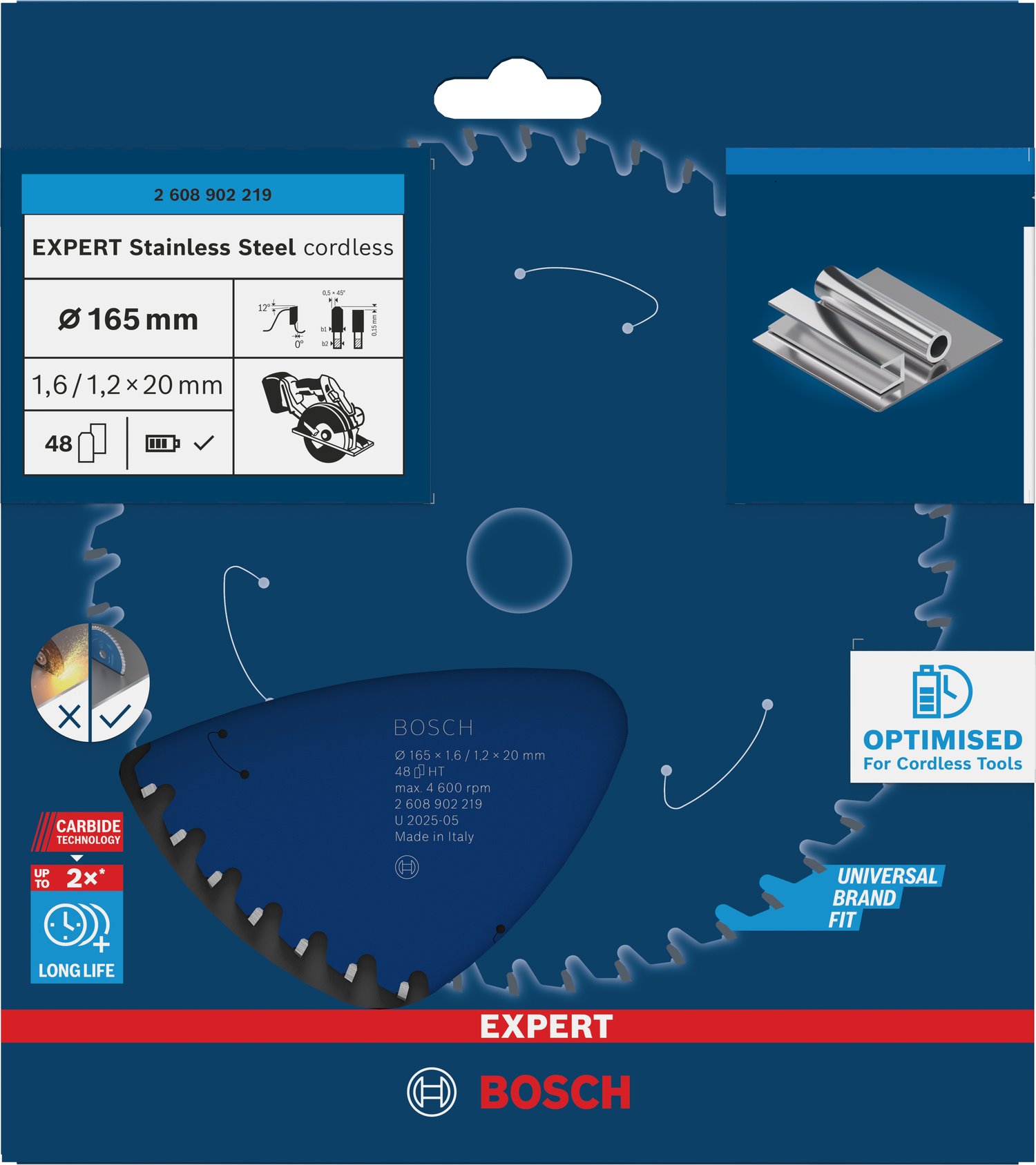 BOSCH Pilový kotouč EXPERT Stainless Steel cordless, 165 × 1,6/1,2 × 20 mm, T48 (2.608.902.219)