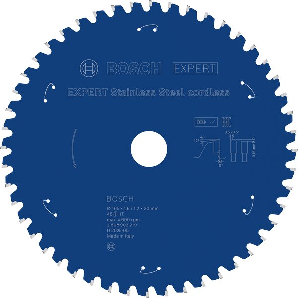 BOSCH Pilový kotouč EXPERT Stainless Steel cordless, 165 × 1,6/1,2 × 20 mm, T48 (2.608.902.219)
