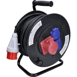 Bubnový predlžovací kábel Solight, 3 zásuvky, 400V + 230V, 25m gumový kábel 5x1,5mm2, IP44