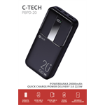 C-tech Powerbank 20000mAh, Li-Pol, 22,5W, USB-C/USB-A/micro USB