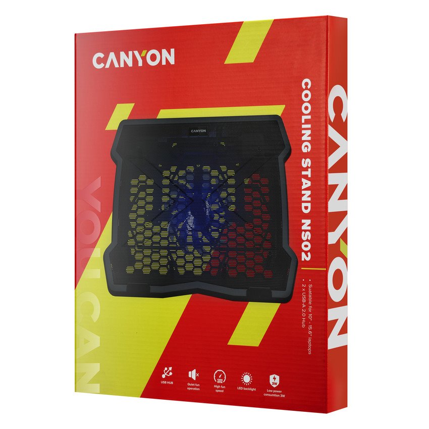 CANYON Chladiaca podložka NS02 pre notebooky s uhlopriečkou 10–15,6", LED podsvietenie, 1 ventilátor, 340 × 265 × 30 mm