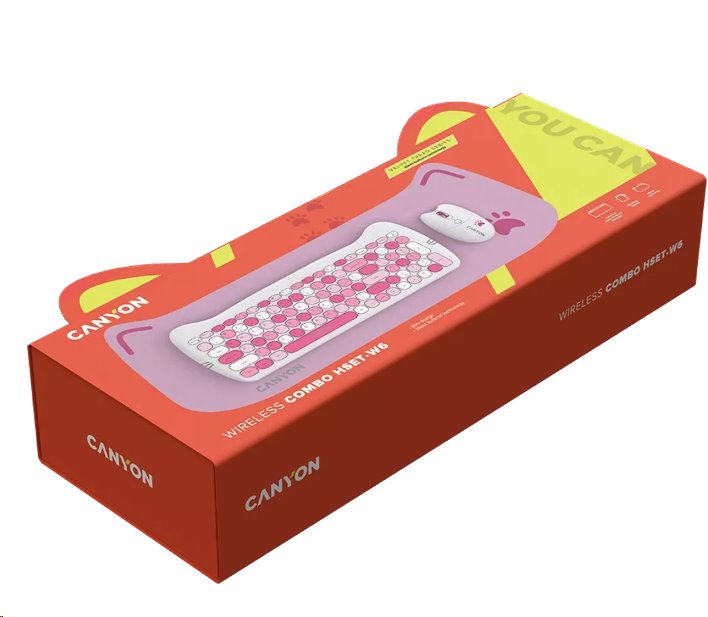 CANYON Kitty edition HSET-W6, bezdrôtová klávesnica SET + optická myš + ochranné puzdro + podložka, ružová