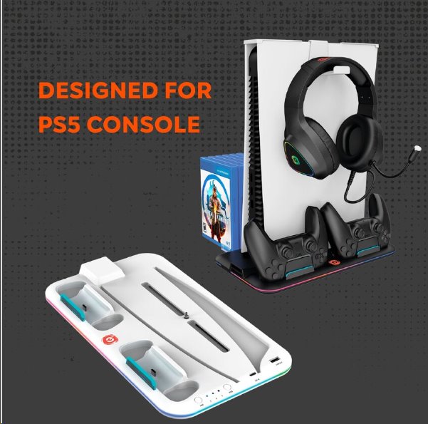 CANYON multifunkční chladící stojan pro PS5, nabíjení 2 PS5 ovladačů, RGB podsvícení, černý