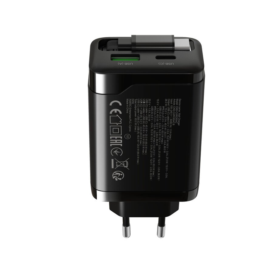 CANYON OnCharge 65RC Build-In Cable USB-C 65W 1xPD 1xQC EU Black nabíječka