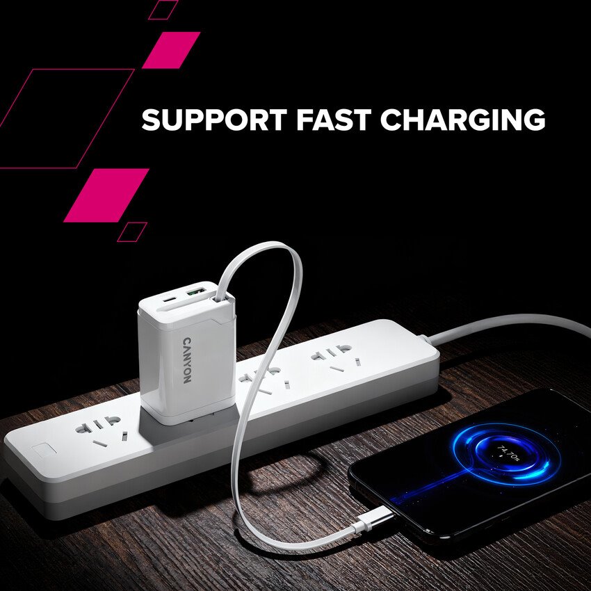 CANYON OnCharge 65RC Zabudovaný kábel USB-C 65W 1xPD 1xQC EU Biela nabíjačka