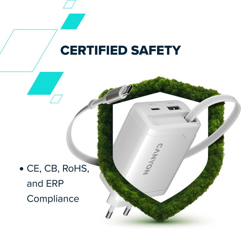 CANYON OnCharge 65RC Zabudovaný kábel USB-C 65W 1xPD 1xQC EU Čierna nabíjačka