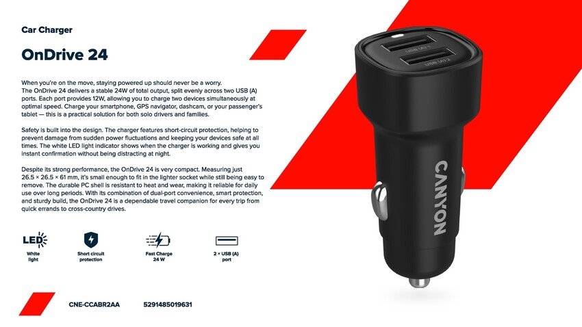 CANYON OnDrive 24 24W 2xUSB-A Čierna nabíjačka do auta