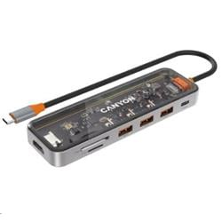 CANYON replikátor portů DS-13 7v1, 1xUSB-C PD 100W, 1xHDMI (4K), 3x USB 3.0, SD/micro čtečka, průhledný
