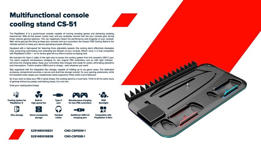 Chladiaci stojan CANYON CS-51 pre PS5 s RGB, Slim/DE dobíjací, čierny