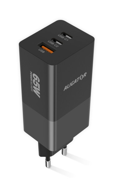 Chytrá síťová nabíječka ALIGATOR GaN, Power Delivery 65W, 2xUSB-C, 1xUSB-A, černá