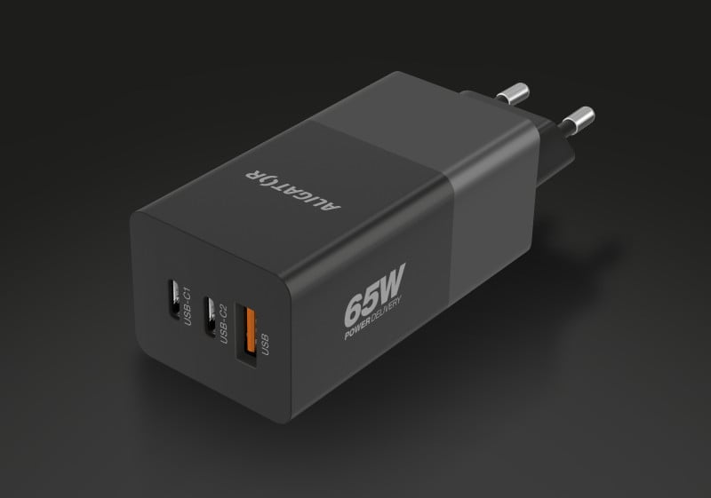 Chytrá síťová nabíječka ALIGATOR GaN, Power Delivery 65W, 2xUSB-C, 1xUSB-A, černá
