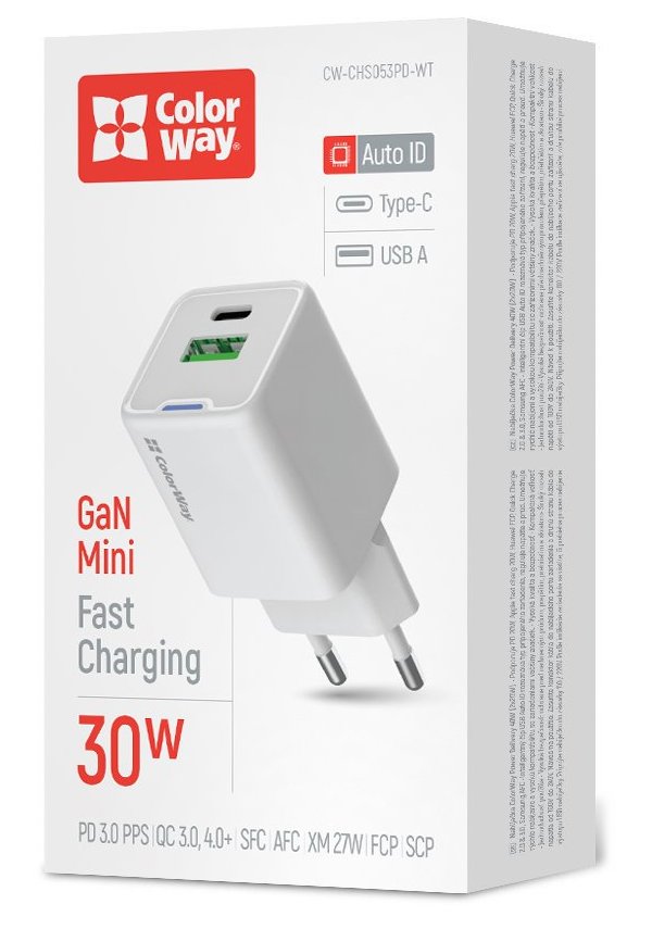 ColorWay 1x USB-C/ sieťová nabíjačka/ GaN/ PD/ PPS/ QC/ 30W/ biela