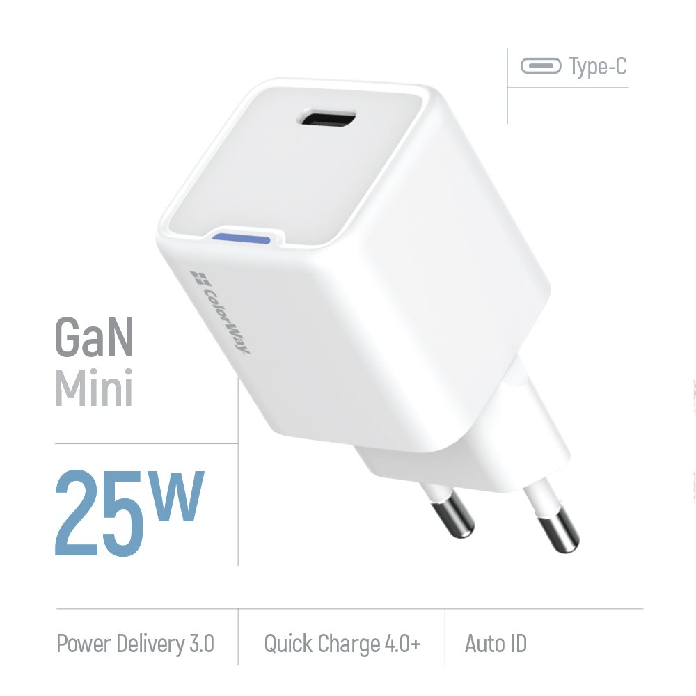 ColorWay 1x USB-C/ síťová nabíječka/ GaN/ PD/ PPS/ 25W/ Bílá
