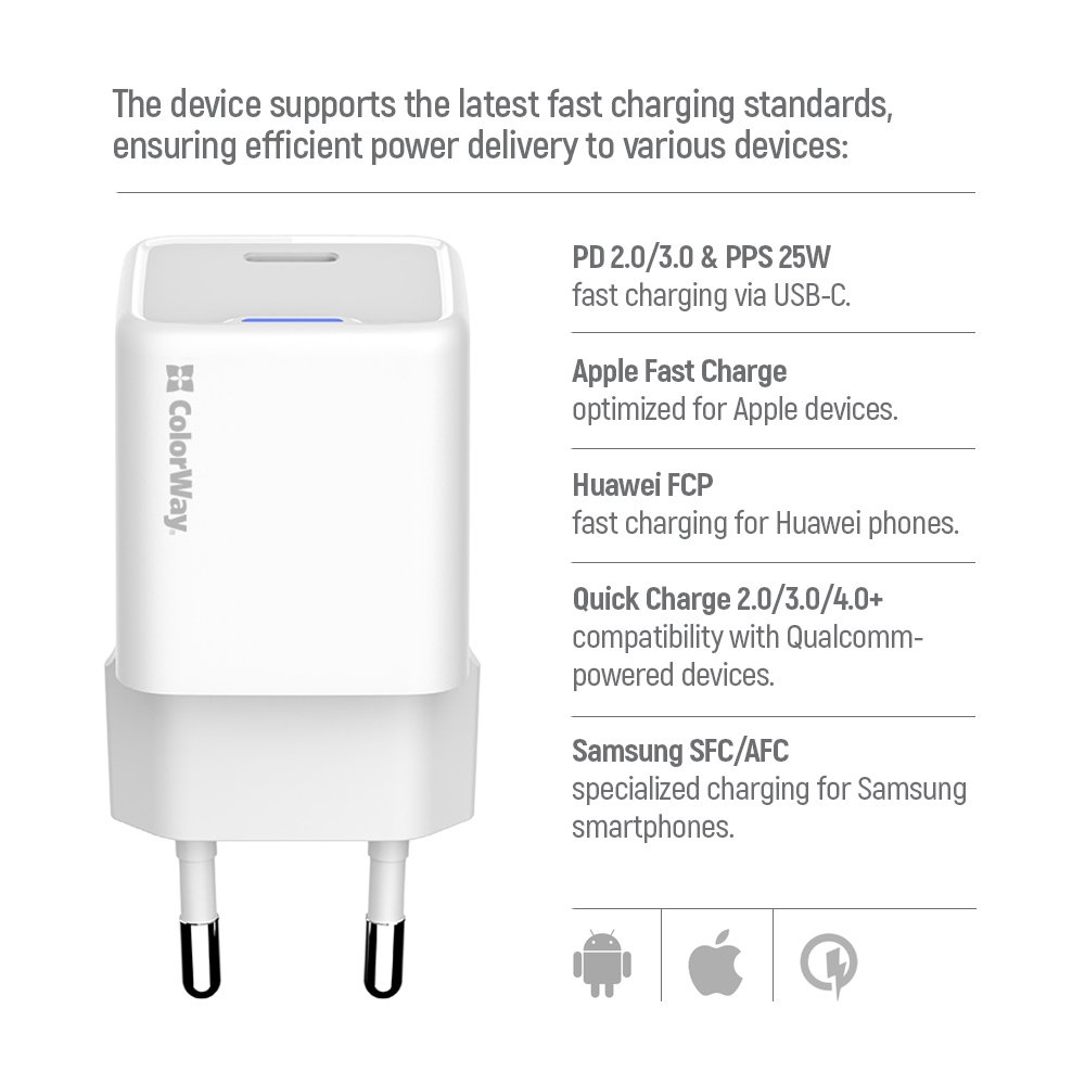 ColorWay 1x USB-C/ síťová nabíječka/ GaN/ PD/ PPS/ 25W/ Bílá