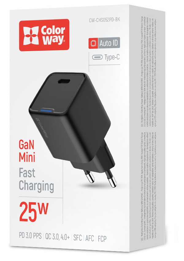 ColorWay 1x USB-C/ síťová nabíječka/ GaN/ PD/ PPS/ 25W/ Černá