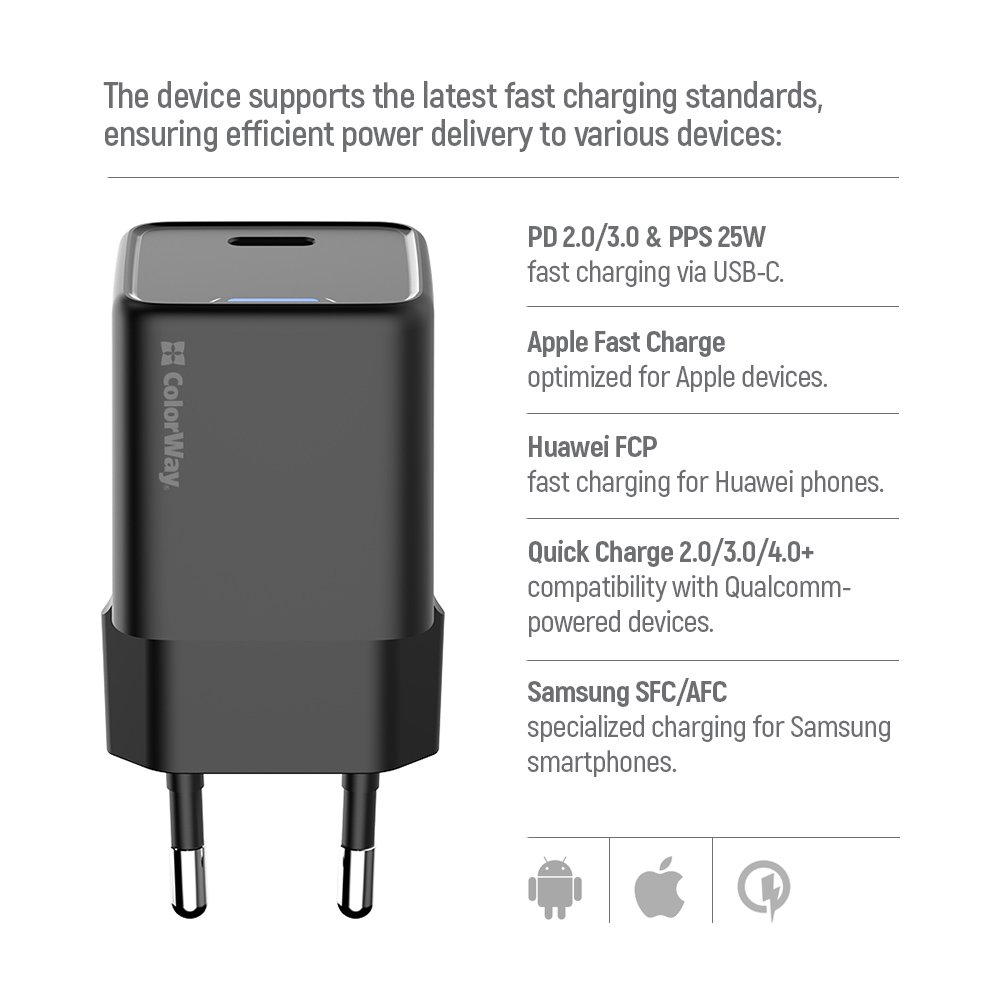 ColorWay 1x USB-C/ síťová nabíječka/ GaN/ PD/ PPS/ 25W/ Černá